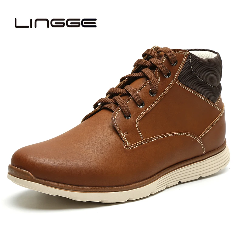 

LINGGE 2019 Brand Men Boots Warm Men Ankle Shoes Lace Up Men Leather Boots Fashion Winter Handmade Men Footwear