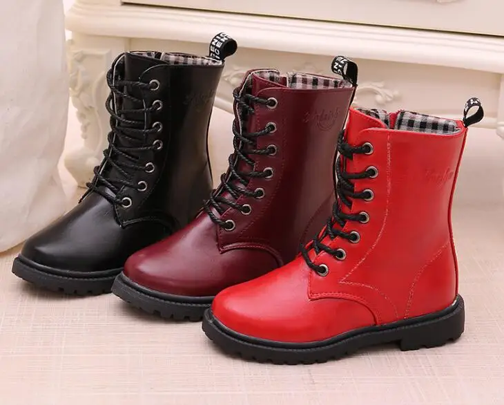 

Spring Girls High Boots Lace-Up leather boots Winter children's Knight's boots army single side zipper children's snow boots
