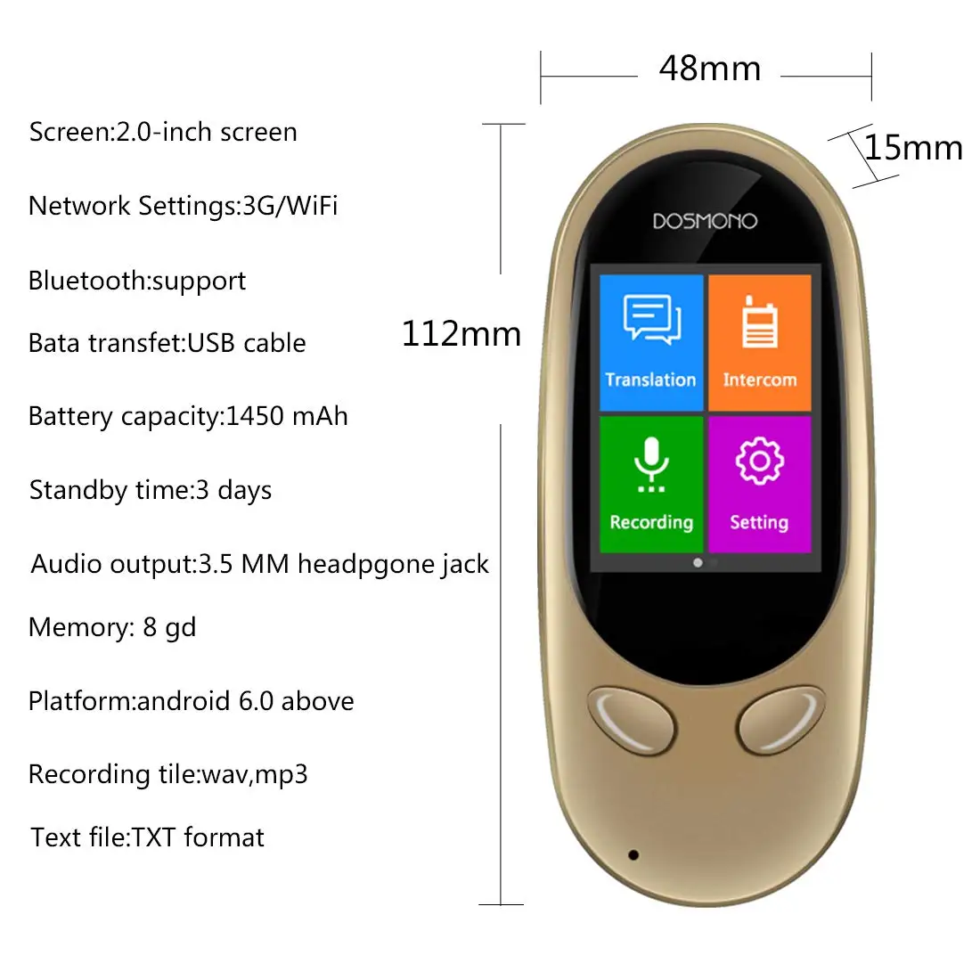 Dosmono S601 Plus 72 language двусторонний переводчик поддержка 3g wifi точка доступа часа для
