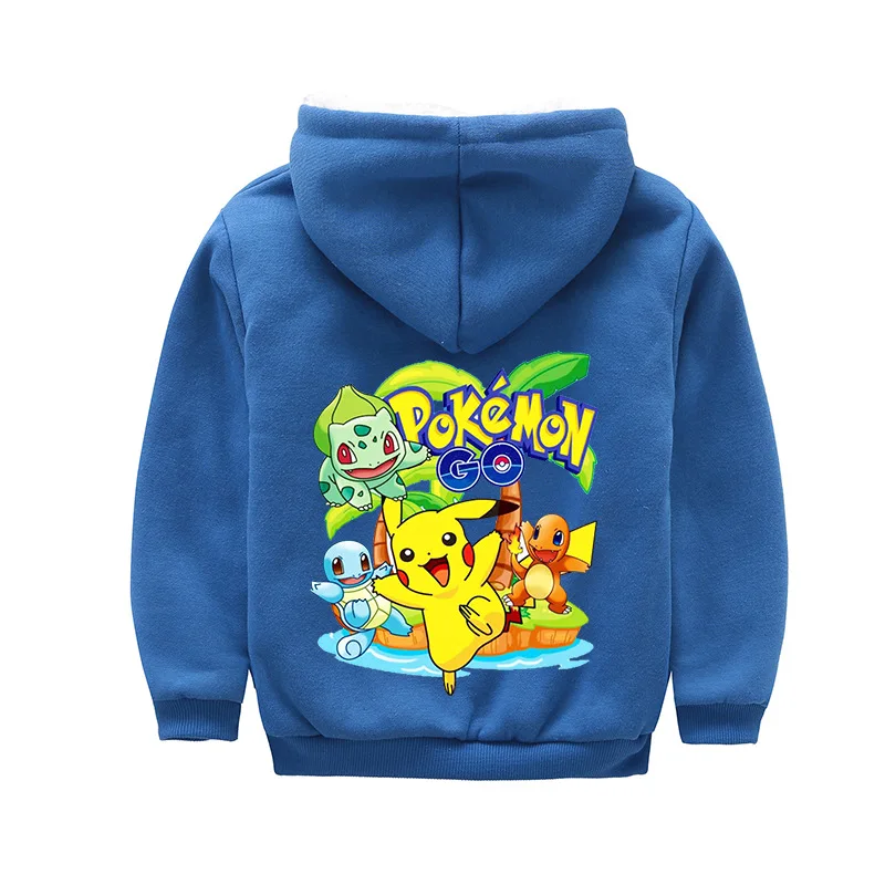 Goedkoop Z Y 2 14Y Winter Pokemon Gaan Hoodies Kids Jas met Rits Wol Liner Jongens Jas Thicken Hooded Bont Baby meisje Pikachu Uitloper