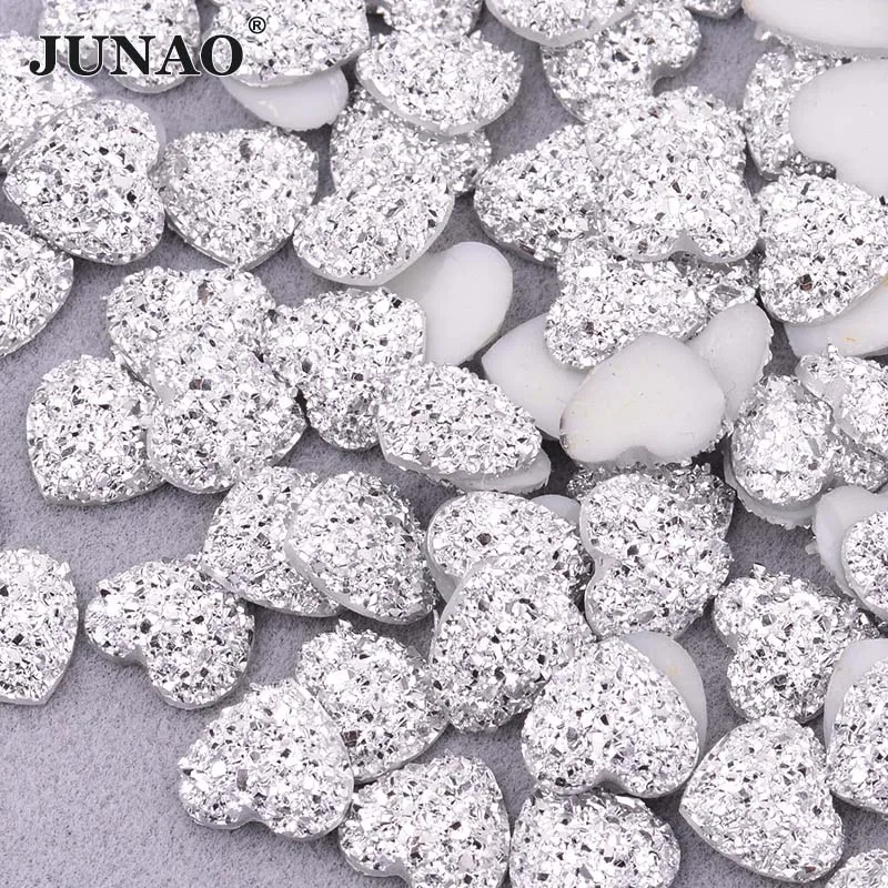 

JUNAO 12mm Glitter Silver Rhinestones Resin Applique Non Hotfix Strass Crystal Flatback Gems Heart Shape Stones for Decor Crafts