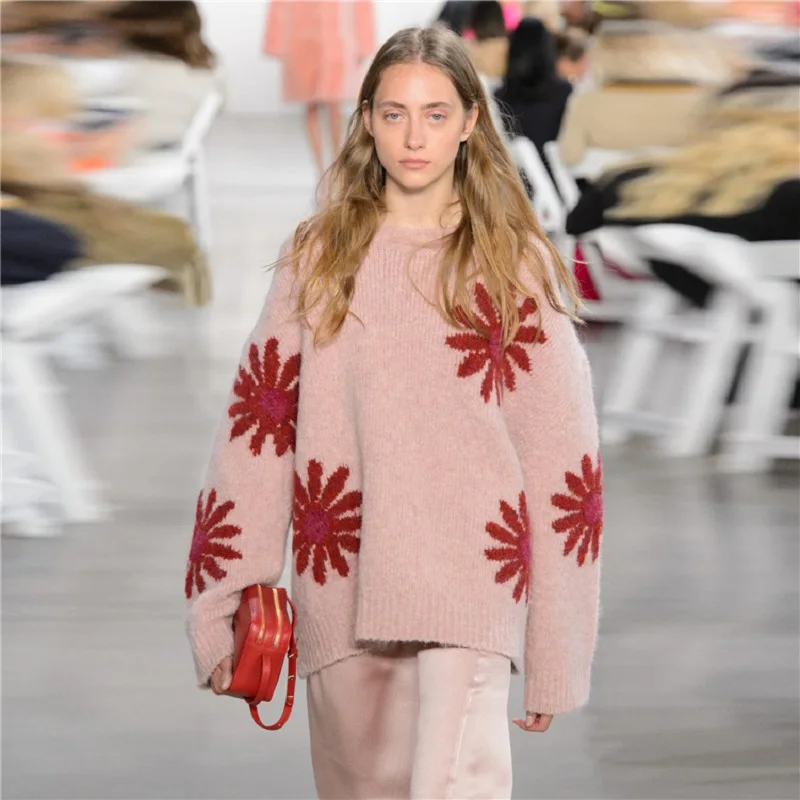 

2019 Winter Casual Pink Loose Sweater Pulloveres Women Runway Leaves Print Sweet Street Knit Sweater Jumper Clothing