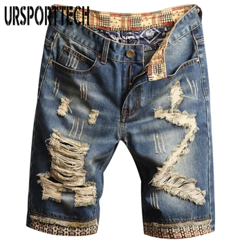 

URSPORTTECH Mens Denim Shorts Hole Paint Personality Denim Pants Fashion Skinny Simple Cotton Comfortable Male Destroyed Jeans