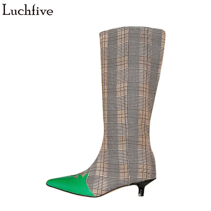 

Luchfive Gingham Green Fashion Boots For Women Kitten Heel Mid-Calf Pointed Toe Multi-material Patchwork Autumn Winter Boots