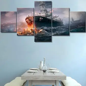

5 Piece Canvas Wall Art Marine War Ship and Battle Flame Paintings for Living Room House Decor Framed