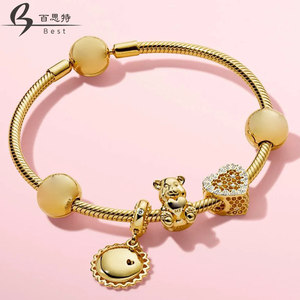 

BEST 100% 925 Sterling Silver SHINE YOU ARE MY SUNSHINE HANGING CHARM SHINE HONEYCOMB LACE CHARM Shine Bear Beads Bracelet Set
