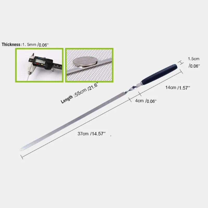21.5" 55cm Wooden BBQ Skewer Stainless Steel Shish Kebab Skewers Flat Wood Handle Barbecue Forks Meat Fish Grill BBQ Accessories