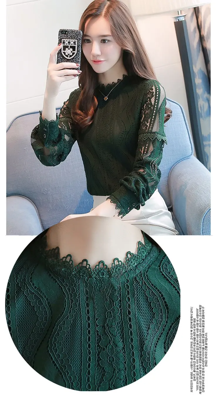 Новое поступление, женские топы, Модные Зеленые кружевные блузки, осенние Рубашки с длинным рукавом больших размеров, женские блузы Renda Blusas Femininas