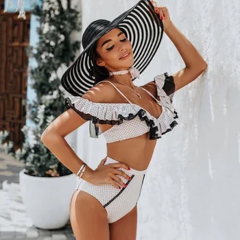 

2020 Ruffled Polka Dot Bikini High Waist Swimsuit Women Swimwear Female Off shoulder Bikini set Bather Mesh Bathing Suit swim
