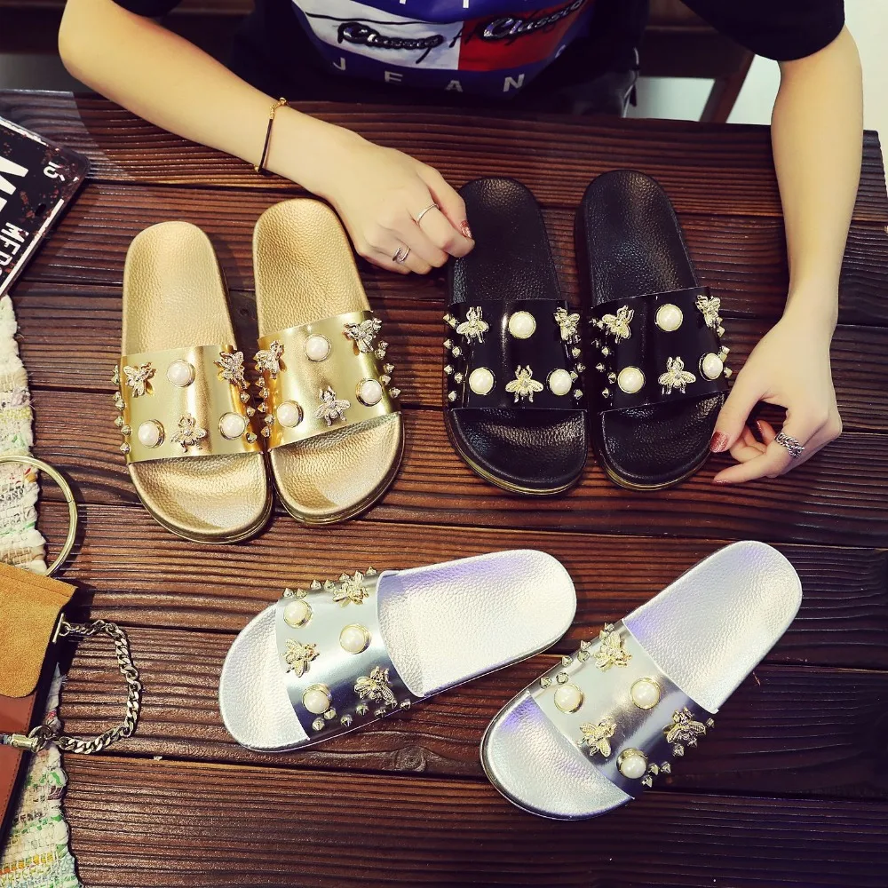 

womans Slides Bling String Bead Crystal Rivet soft leather Peep Toe Flat Solid Animal Prints Elegant Sweet modis Casual