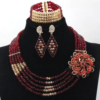 

Unique Royal Red&Champagne Wedding Jewelry Beads Set Nigerian Party Necklace Handmade Large Stock Free Shipping hx402