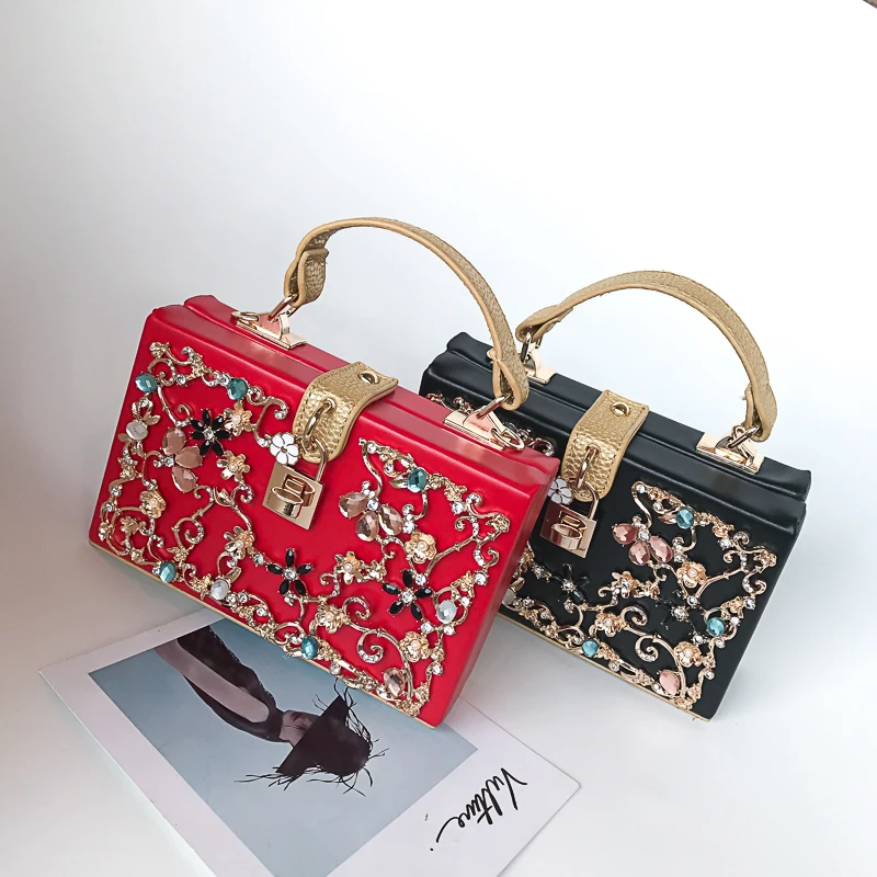 

Women's handbag 2019 vintage cutout carved diamond box bag one shoulder cross-body small square bag dinner packet