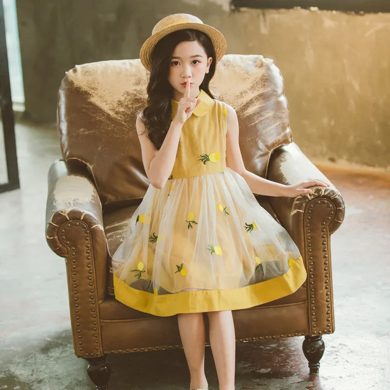 

Kids Dresses for Girls Children 2019 Toddler Summer Princess Dresses Mesh Embroidery Pineapple Pattern 3 to 13 Years