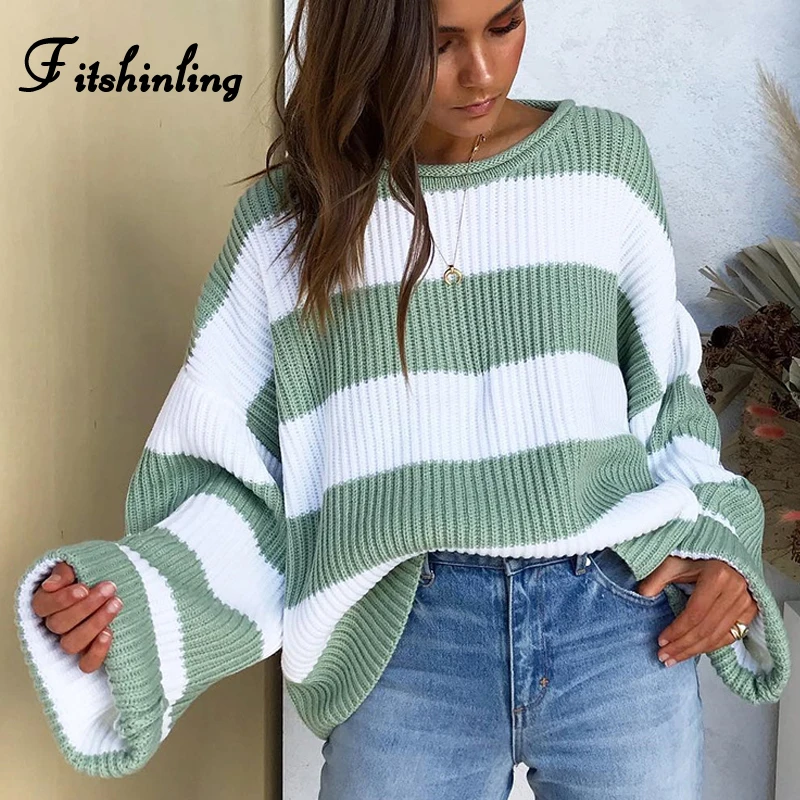 Fitshinling Striped Loose Ladies Sweater Pullover 2021 Autumn Winter New Arrival Green Jumpers Knit Sweaters Women Pull Femme | Женская