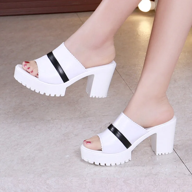 

Mix Color Stripe White Red Wedding Shoes Women Slippers Summer 2023 Block High Heels Slides Small Size 32-43 for Office Daily