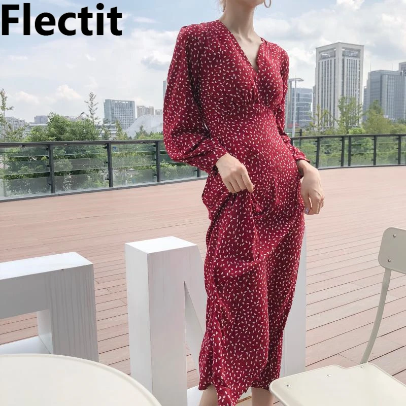 

Flectit Vintage Burgundy V-Neck Printed Long Dress Long Sleeve High Waisted Maxi Dress Parisian Style Women Date Night Dress *