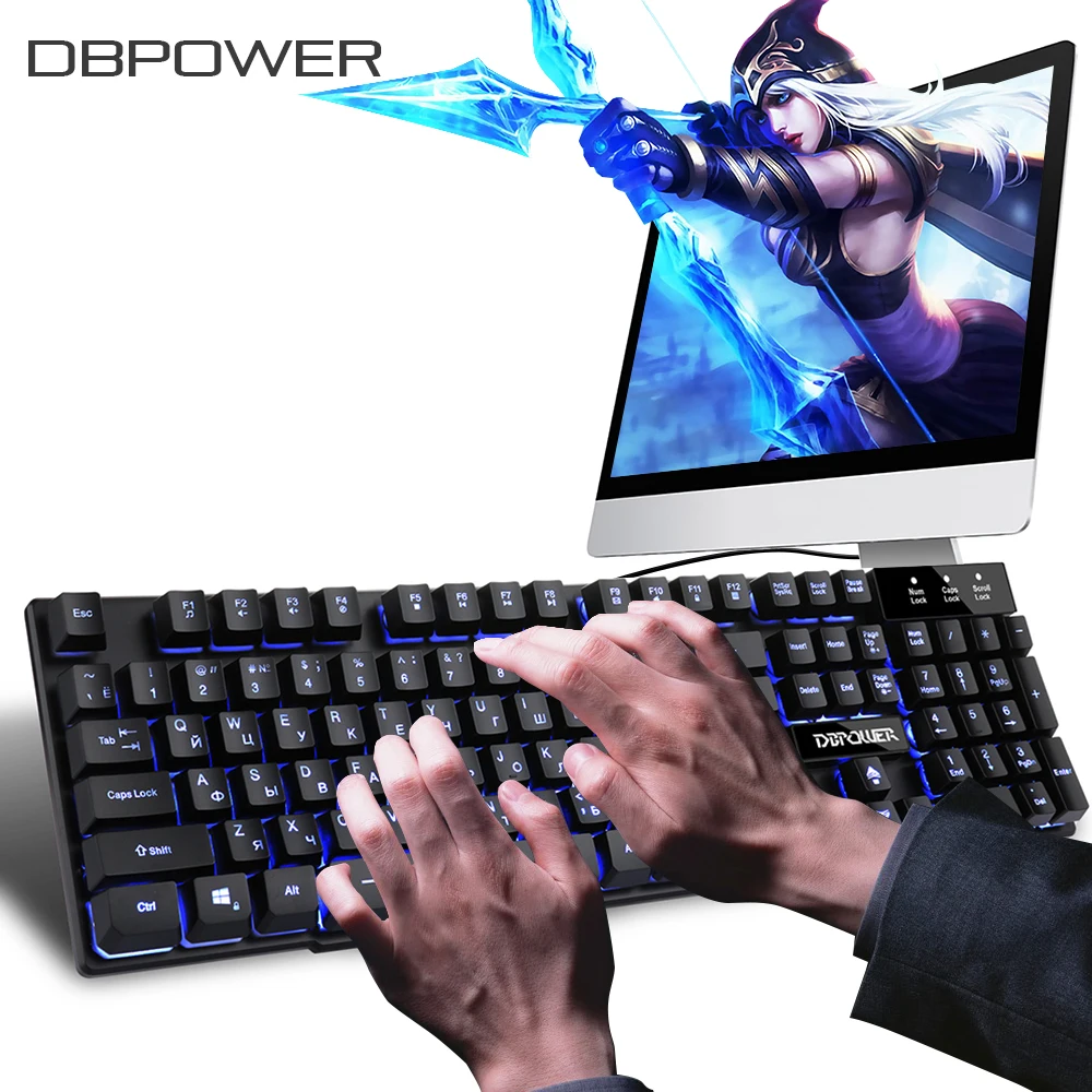 DBPOWER Русский/Английский игровая клавиатура приостановлено колпачки 3 подсветка