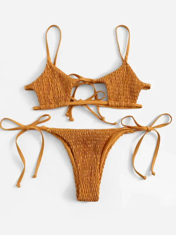 Женский присборенный Ленточные бикини купальник женский Bralette купальник с низкой посадкой на тонких бретельках рубашка галстук сбоку Biquni купальный костюм - Цвет: as the picture