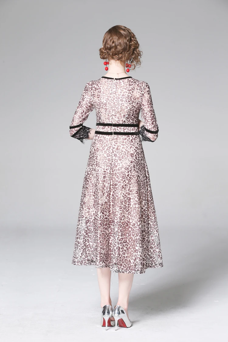 H Han Queen Summer New Lace Leopard A-line Dress Women 3/4 Sleeve Patchwork Swing Dresses Vintage Streetwear Slim Vestidos