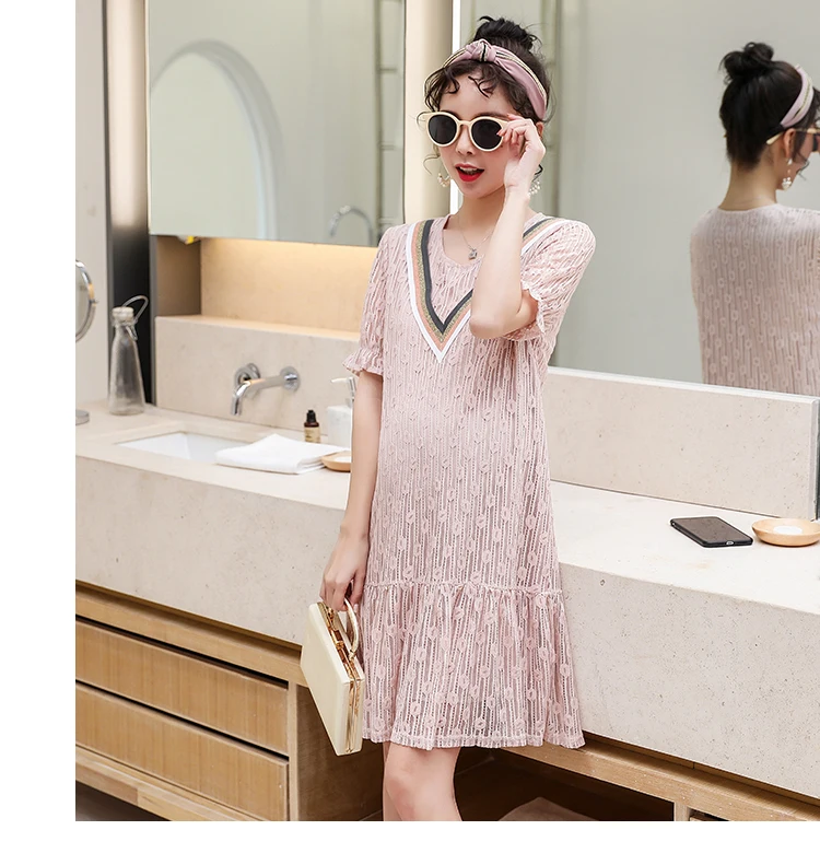 Summer Pregnant Women Dress Short Sleeve Striped Patchwork O-neck Maternity Lace Dress Sweet Pregnancy Ruffles Dress+Sashes