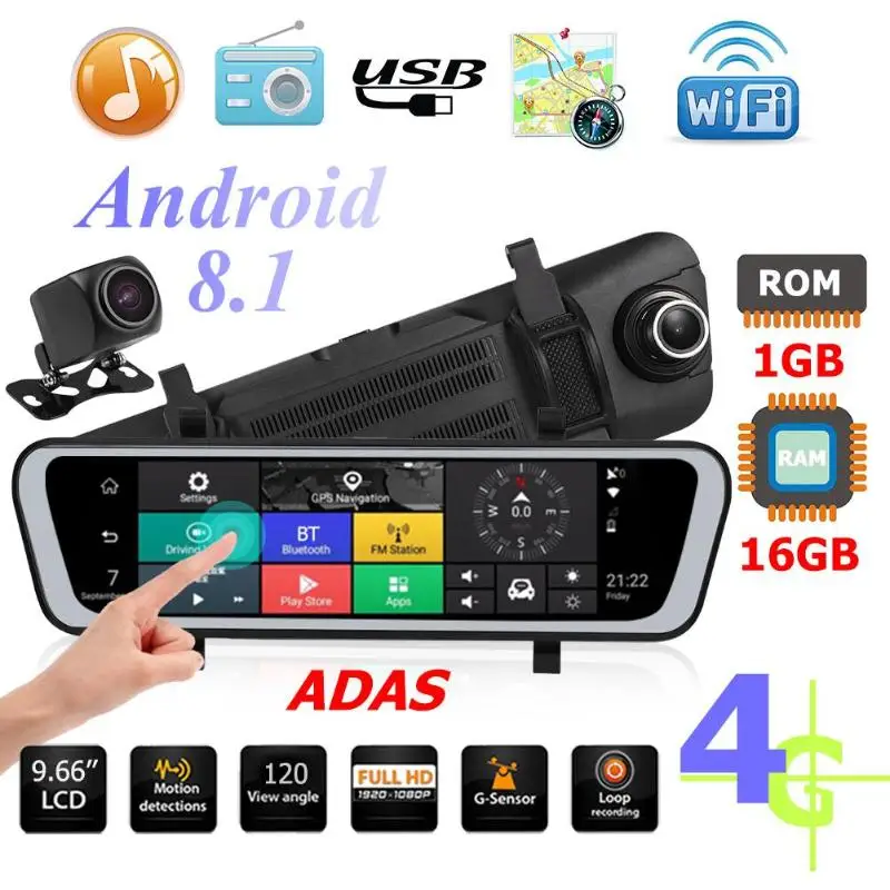 9,66 дюймов 4G Android 8,1 сенсорный экран автомобиля зеркало заднего вида DVR камера gps навигатор ADAS HD ночного видения видеорегистратор