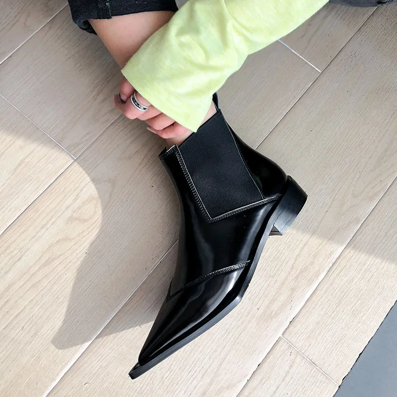 Женские ботильоны из натуральной кожи; Женские ботинки в байкерском стиле с острым носком и эластичной лентой; обувь черного цвета без шнуровки на низком каблуке; женская обувь; botas mujer