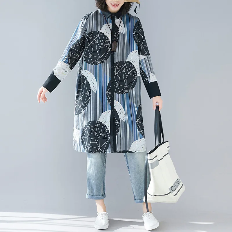 

Johnature Casual Loose Turn-down Collar 2019 Autumn New Womens Tops And Blouses Stripe Print Button Long Women Shirts