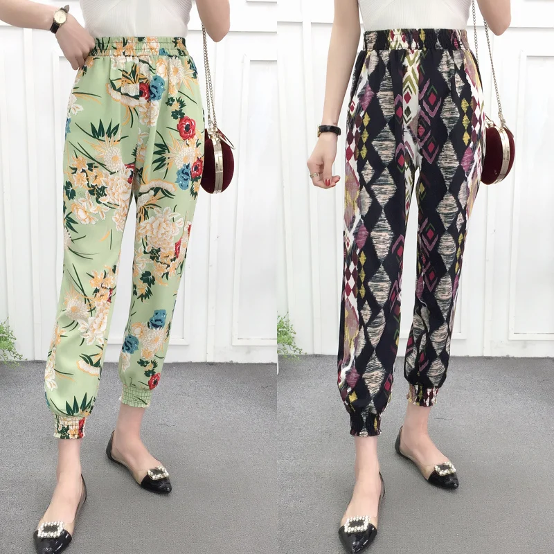 Ladies Floral Print Wide Leg Pants Women Long Drawstring