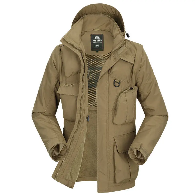 Men Quick Dry Jacket New Arrival Spring Autumn Brand Clothes Khaki Pockets Design Casual Coats Hooded Men CLOTHING Hot Sale - Цвет: khaki aisa size