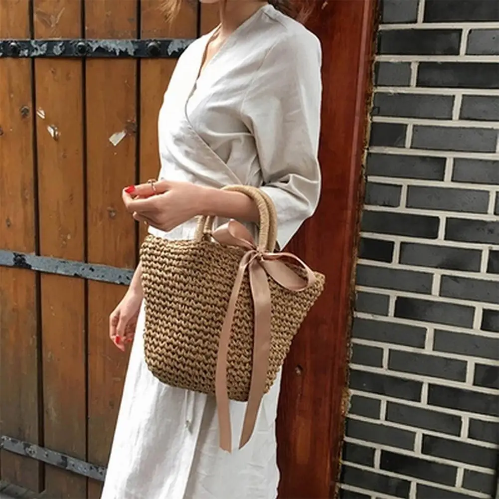 

Yfashion Women Straw Shoulder Bag Bohemian Handbag Bowknot Bag Female Beach Drawstring Bags