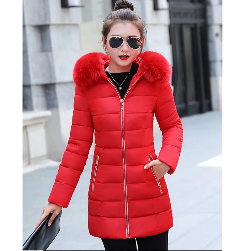 Женская зимняя куртка, новая мода, искусственный мех, с капюшоном, парка, теплый пуховик, хлопок, куртка, тонкая, большой размер, средняя длина, верхняя одежда - Цвет: red
