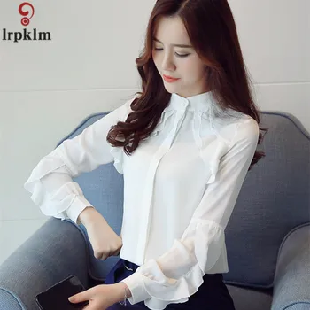 

Women's Ruffles Stitching Lantern Sleeve Chiffon Shirt Women's Solid Stand Loose Joker Long Sleeve Office Lady Shirt CH216