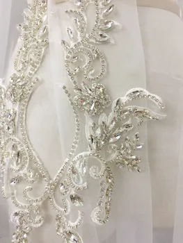 

1 pair 2 pieces Exquisite Clear 3D Rhinestone Beaded Bridal Lace Applique for Wedding Sash Bridal Hair Flower Boutique