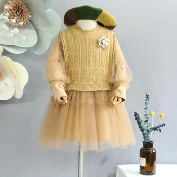 

Children's dress suit 2018 autumn new sweet girl long-sleeved mesh dress with sweater vest two-piece