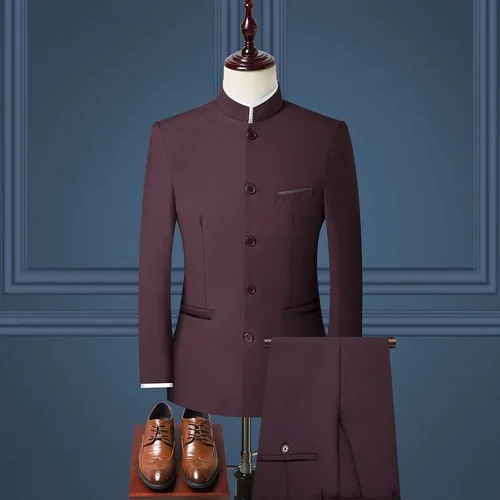 Мужской костюм, комплект из 3 предметов, туника с воротником-стойкой, пиджак+ штаны+ жилет, Свадебный мужской костюм, пиджак, M-4XL - Цвет: Бургундия