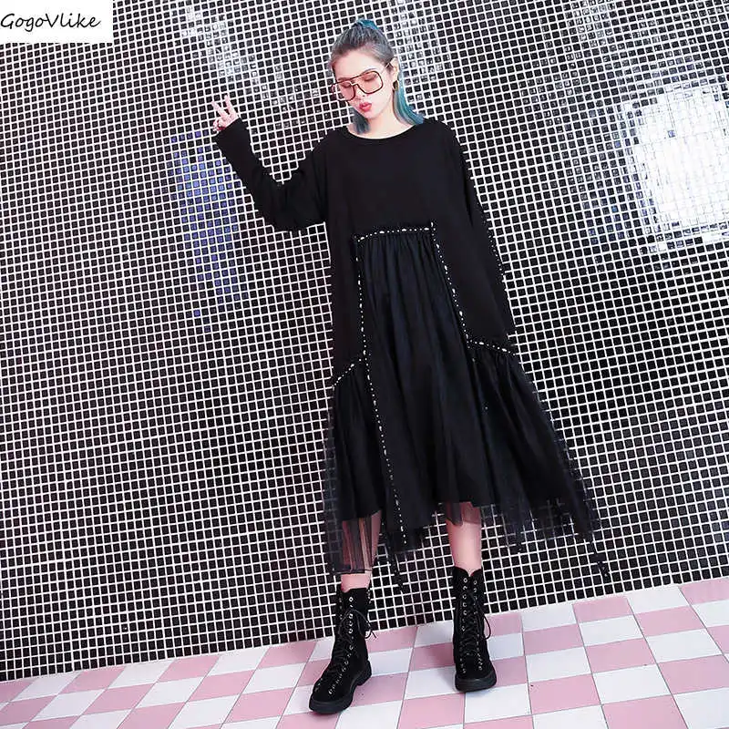 

Black Tulle Spliced Dress Rivet Large Size 2019 Spring Asymmetric Women Plus Size Elegant Dresses Viole Women Clothing LT284S30