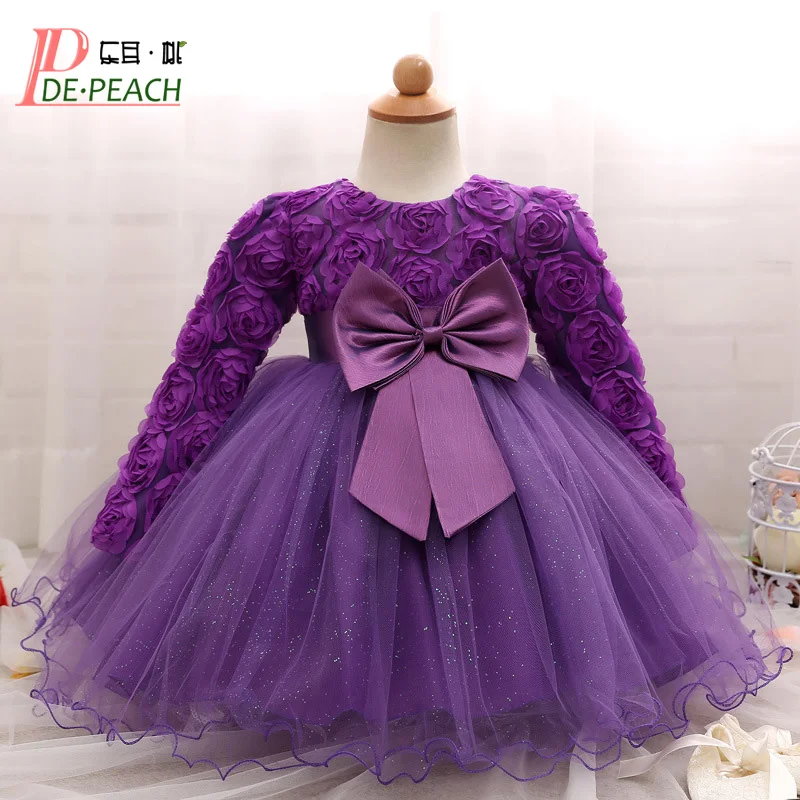 DE PEACH Winter Baby Girls Dress Long Sleeve Kids Rose Floral Bow Wedding Dresses Baby 1 Year