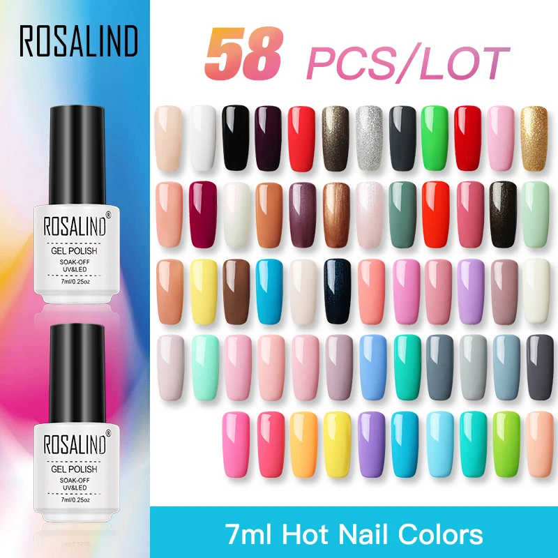 

ROSALIND 58PCS/LOT Gel Nail Polish Set For Manicure Kit Pure Color Series UV LED Lamp Gel Varnishes Nail Extension Primer Tops
