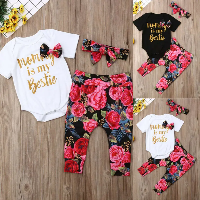 

Lovely Infant Baby Girl Short Sleeve Letter Print Romper Jumpsuit Front Bowknot Playsuit+Floral Pants+Headwear Outfits Clothes