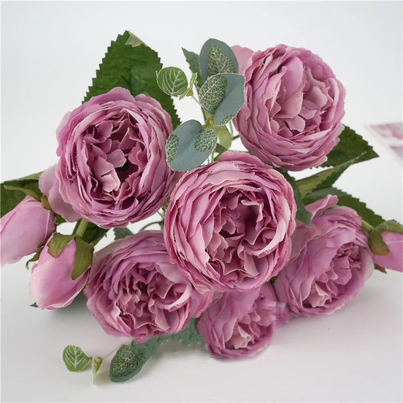 Meldel, шелковые розы, пионы, искусственные цветы, Красивый букет Флорес для свадебной вечеринки, украшения дома, свадьбы, белые Искусственные цветы - Цвет: purple