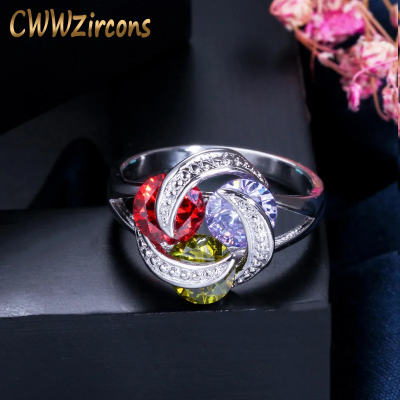 

CWWZircons Design Lucky Windmill Fashion White Gold Color CZ Stone Cute Ladies Rings with Red Purple Green Crystal R025