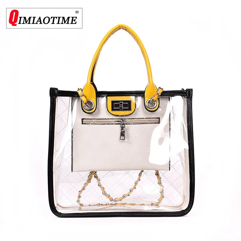 

Portable Transparent High Quality PVC Rhombic Handbag 2018new Fashion Beach Composite Bag Chain Shoulder Messenger Bag Women Bag