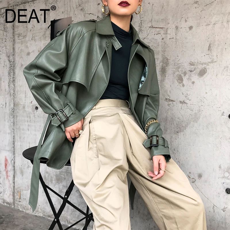 

[DEAT] 2020 New Spring Autumn Lapel Long Sleeve Pocket Belt Bandage Loose Personality Leather Jacket Women Coat Tide 10D374