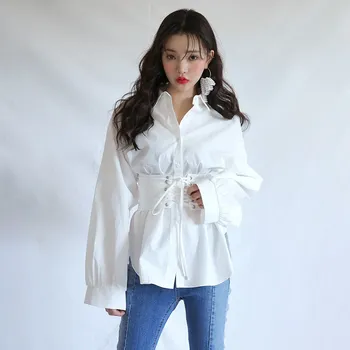 

2018 Autumn Fashion Turn-Down Collar Bandage Shirt Turn-Down Collar Solid Long Sleeve Tunic High Waist Womens Blouses
