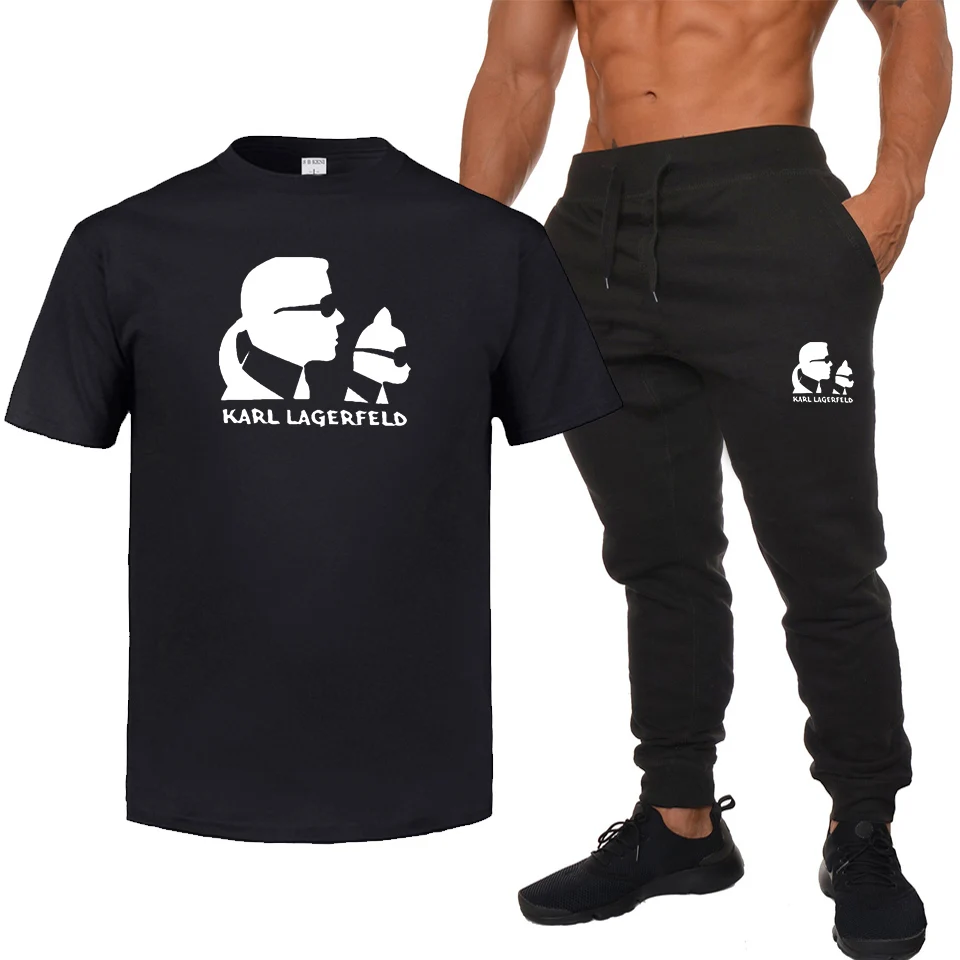 

Karl Lagerfeld Sweatpants+T shirt Suit Men/women's thin Sweatpants Joggers 100% Cotton Hip Hop Sweatpants Japanese Streetwear