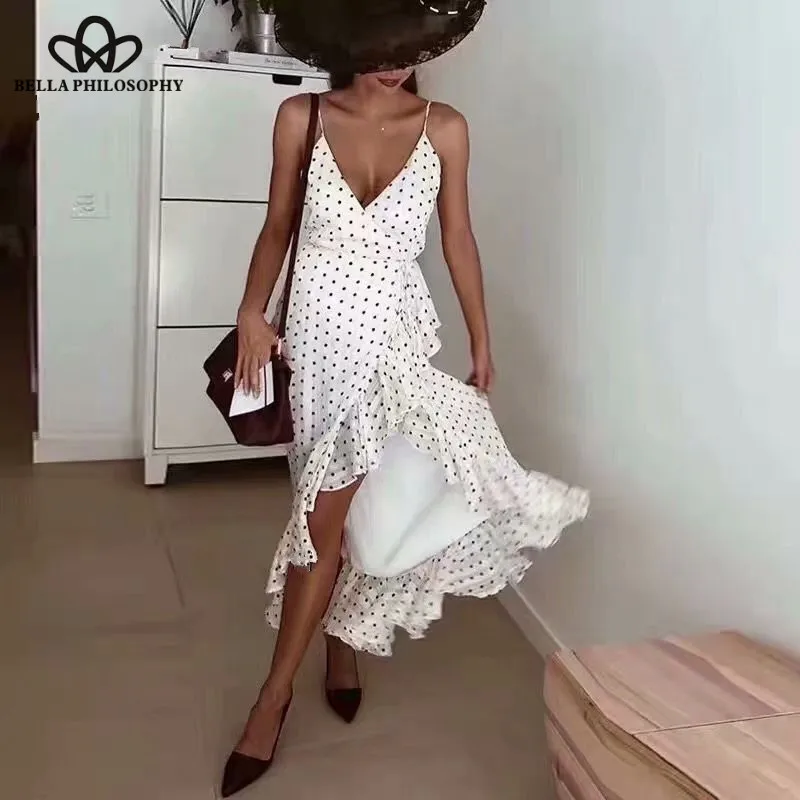 

Bella Philosophy Summer Sexy Spaghetti Strap Dress Polka Dot Female Ruffles Long Maxi Shirt Dress Holiday Lady Beach Dress