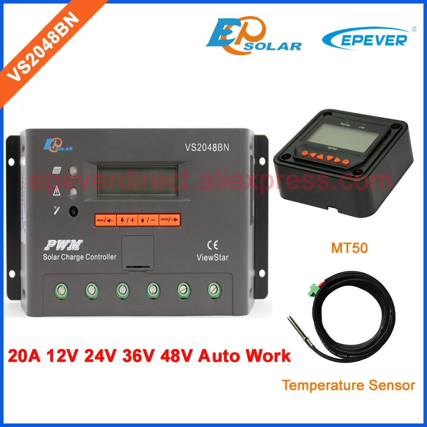 

LCD Screen controller solar charger PWM 20A with temperature sensor VS2048BN 36V 12V 48V Auto Work EPEVER MT50 Remote Meter