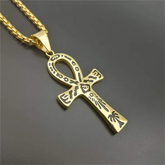 Mystical Egyptian Ankh Cross Pendant Necklace For Men Gold Color Stainless Steel Egypt Hieroglyphs Charms Jewelry - Окраска металла: Gold Color