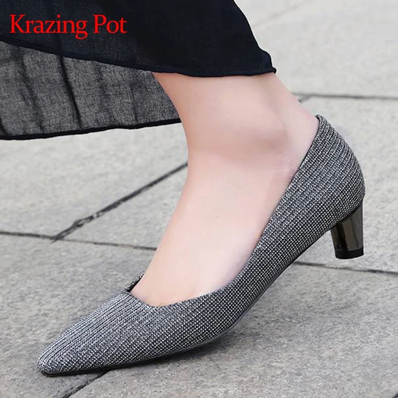 

Krazing Pot hot new Summer sequined cloth bling pointed toe low heel brand slip on wedding dress lady dating superstar pumps L91