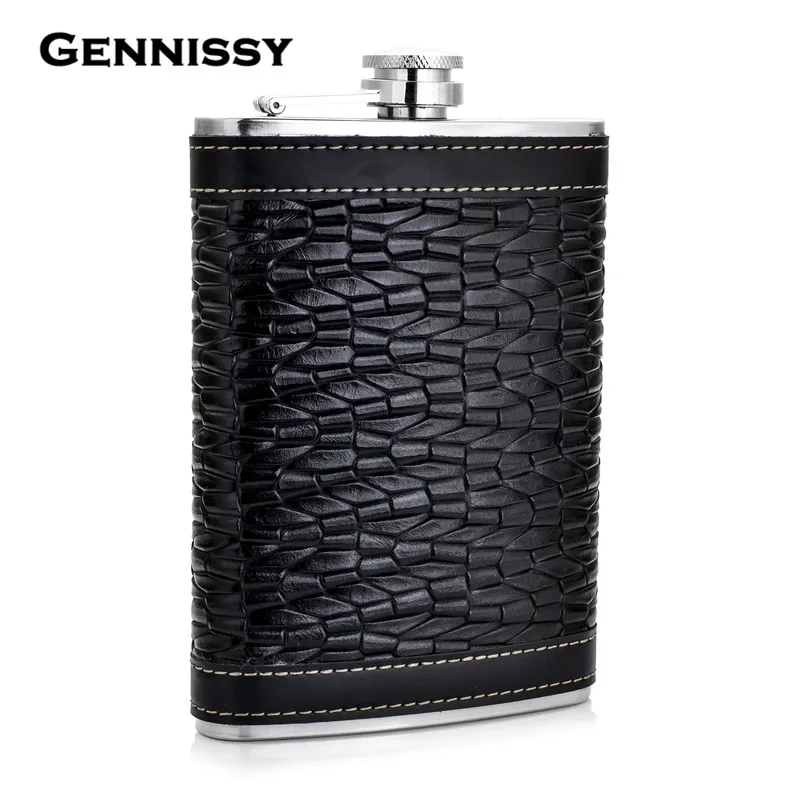 

GENNISSY Personalized Alcohol Flask 9oz Fluted Leather Stainless Steel Portable Hip Flask Best Valentine's Day Gift